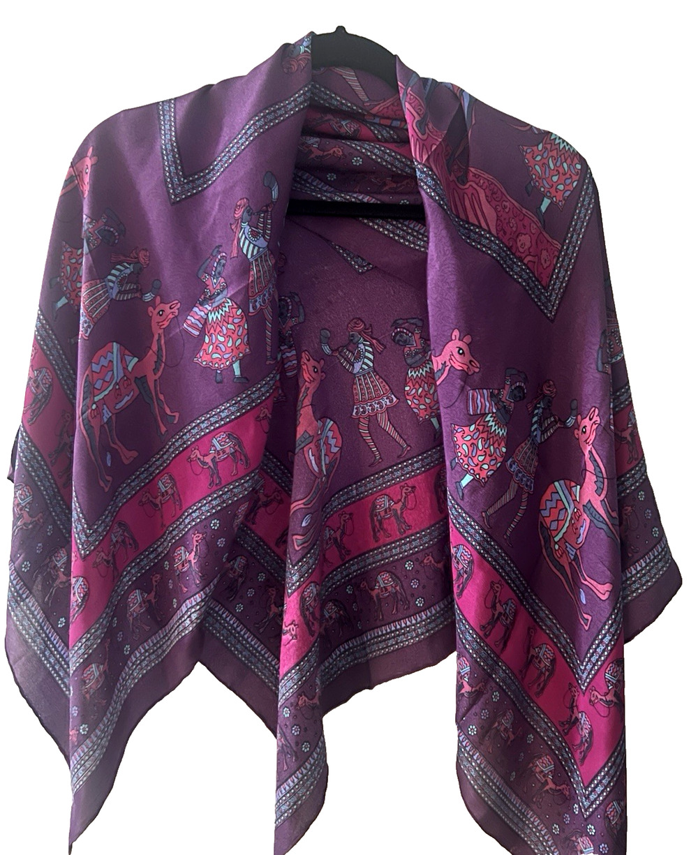 Christina 100% Silk Scarf Purple Boho Tribal Camel Colorful Large 44”x42”